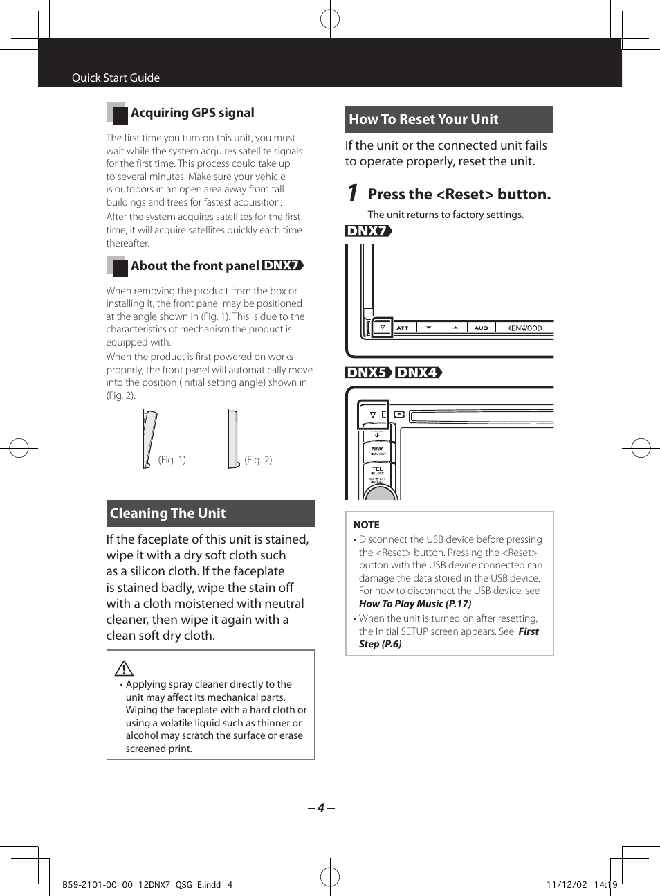 Press the <reset> button, Cleaning the unit, How to reset your unit | Kenwood DNX5210BT User Manual | Page 4 / 36