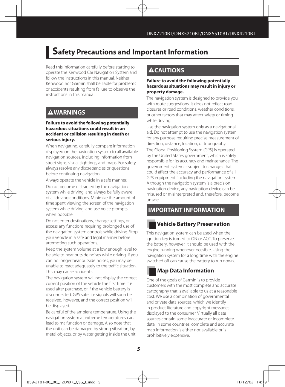 Afety precautions and important information | Kenwood DNX5210BT User Manual | Page 5 / 36