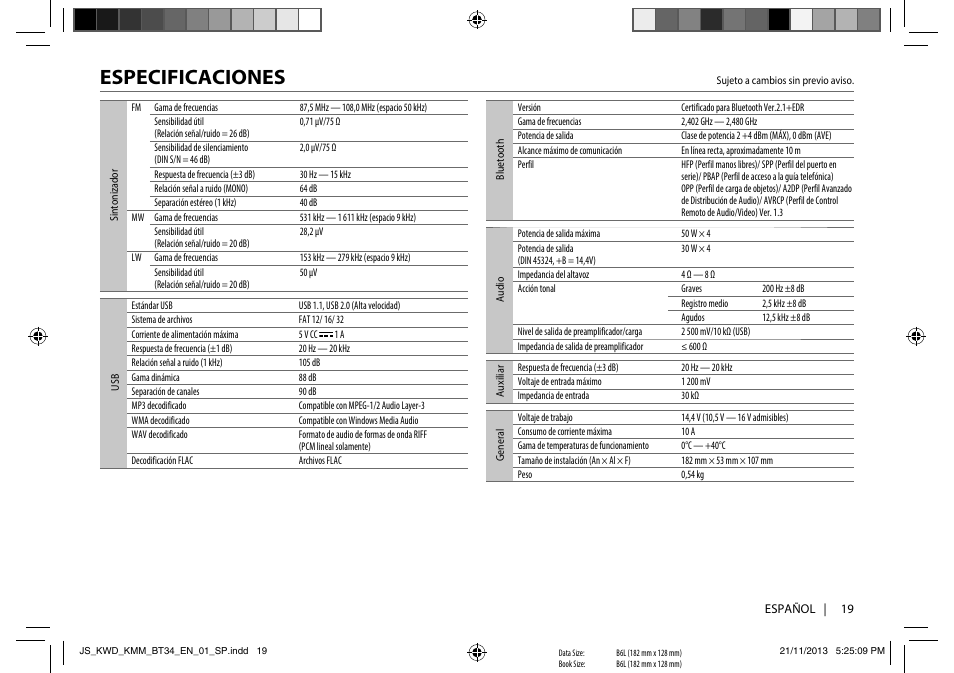 Especificaciones | Kenwood KMR-M308BTE User Manual | Page 19 / 19
