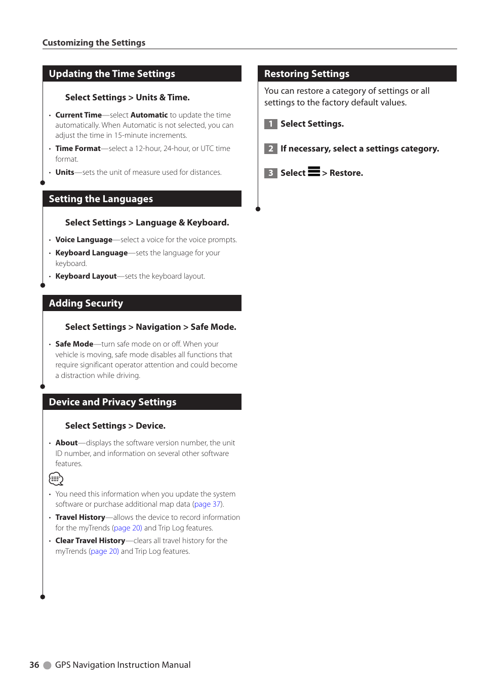 Updating the time settings, Setting the languages, Adding security | Device and privacy settings, Restoring settings | Kenwood DNX5250BT User Manual | Page 36 / 40