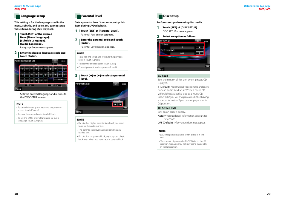Language setup (p.28), Parental level (p.28), Disc setup (p.29) | Kenwood DNX521VBT User Manual | Page 15 / 56