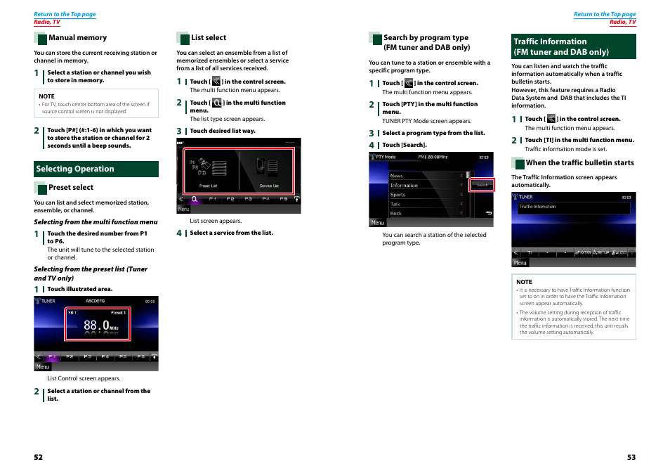 Selecting operation, Traffic information (fm tuner and dab only), Selecting operation traffic information | Traffic information (p.53), Search by program type (p.53), List select (p.52) | Kenwood DNX521VBT User Manual | Page 27 / 56