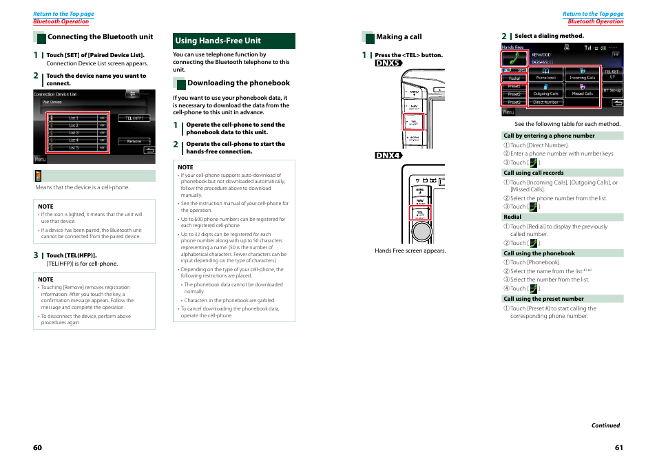 Using hands-free unit, Ooth unit, P.60) | Connecting the bluetooth unit | Kenwood DNX521VBT User Manual | Page 31 / 56