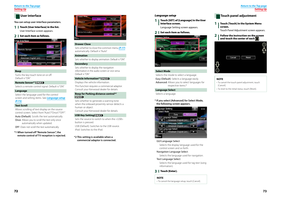 Language setup, P.73), P.72) | Language setup (p.73), Ouch panel | Kenwood DNX521VBT User Manual | Page 37 / 56