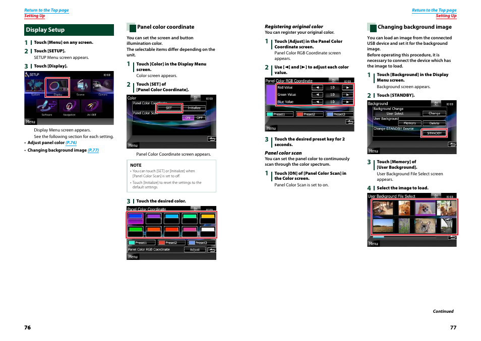 Display setup, Panel color coordinate (p.76) | Kenwood DNX521VBT User Manual | Page 39 / 56