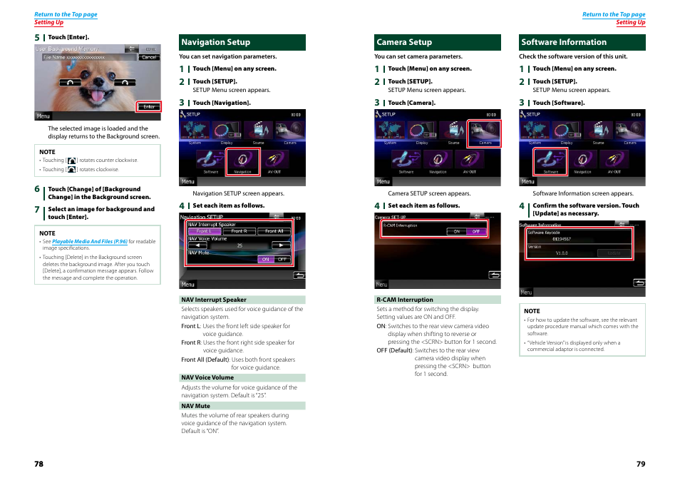 Navigation setup, Camera setup, Software information | Navigation setup camera setup software information, Camera setup (p.79) | Kenwood DNX521VBT User Manual | Page 40 / 56