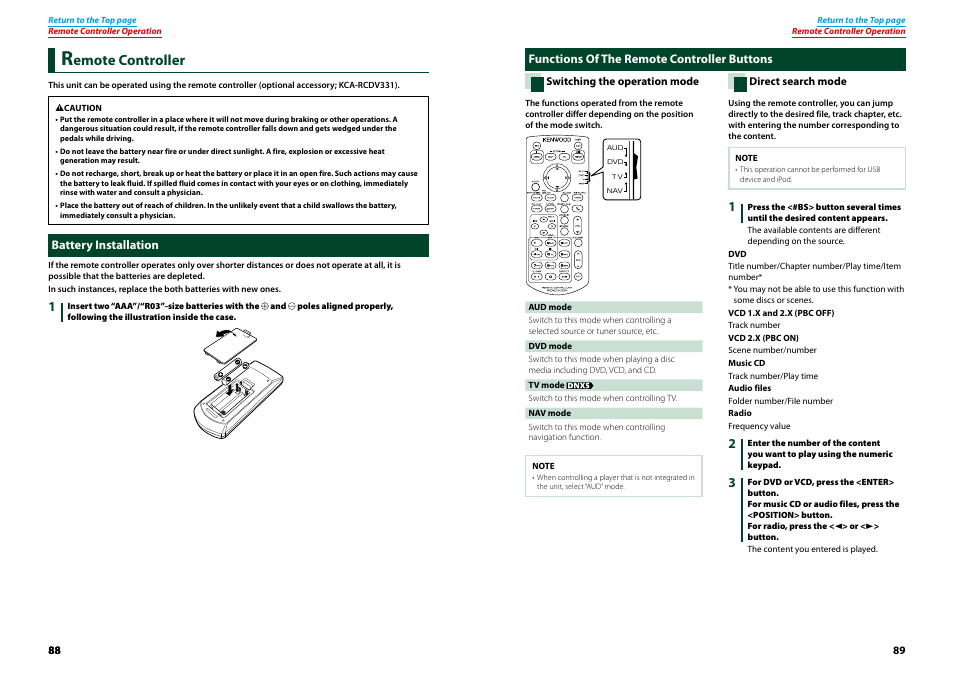 Remote controller, Battery installation, Functions of the remote controller buttons | Battery installation functions of the, Remote controller buttons, Switching the operation, Mode (p.89), P.89), Direct search mode (p.89), Switching the operation mode | Kenwood DNX521VBT User Manual | Page 45 / 56