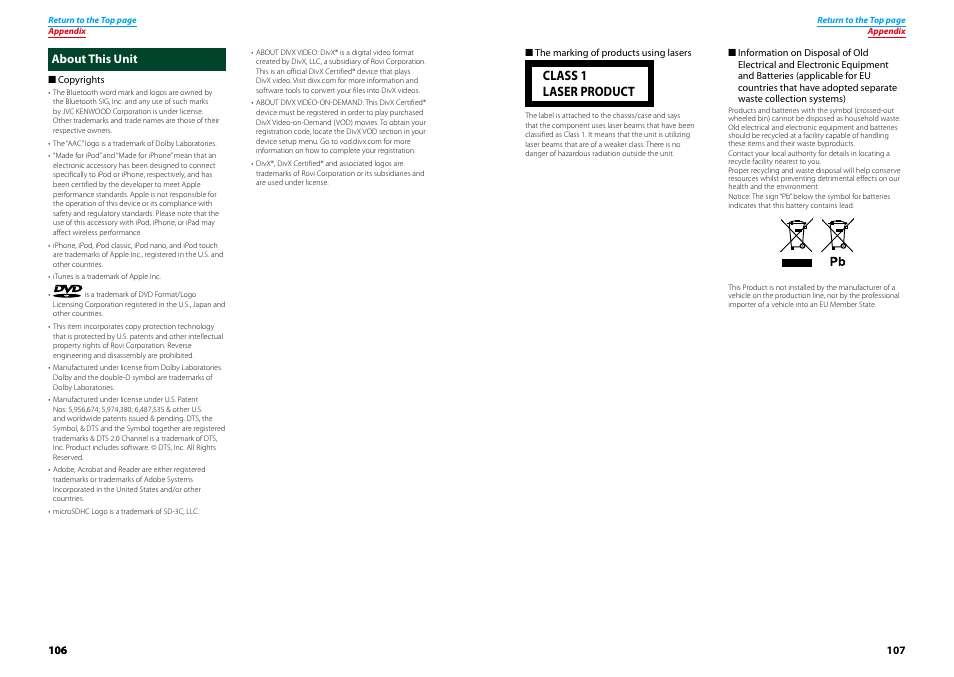 About this unit, Class 1 laser product | Kenwood DNX521VBT User Manual | Page 54 / 56