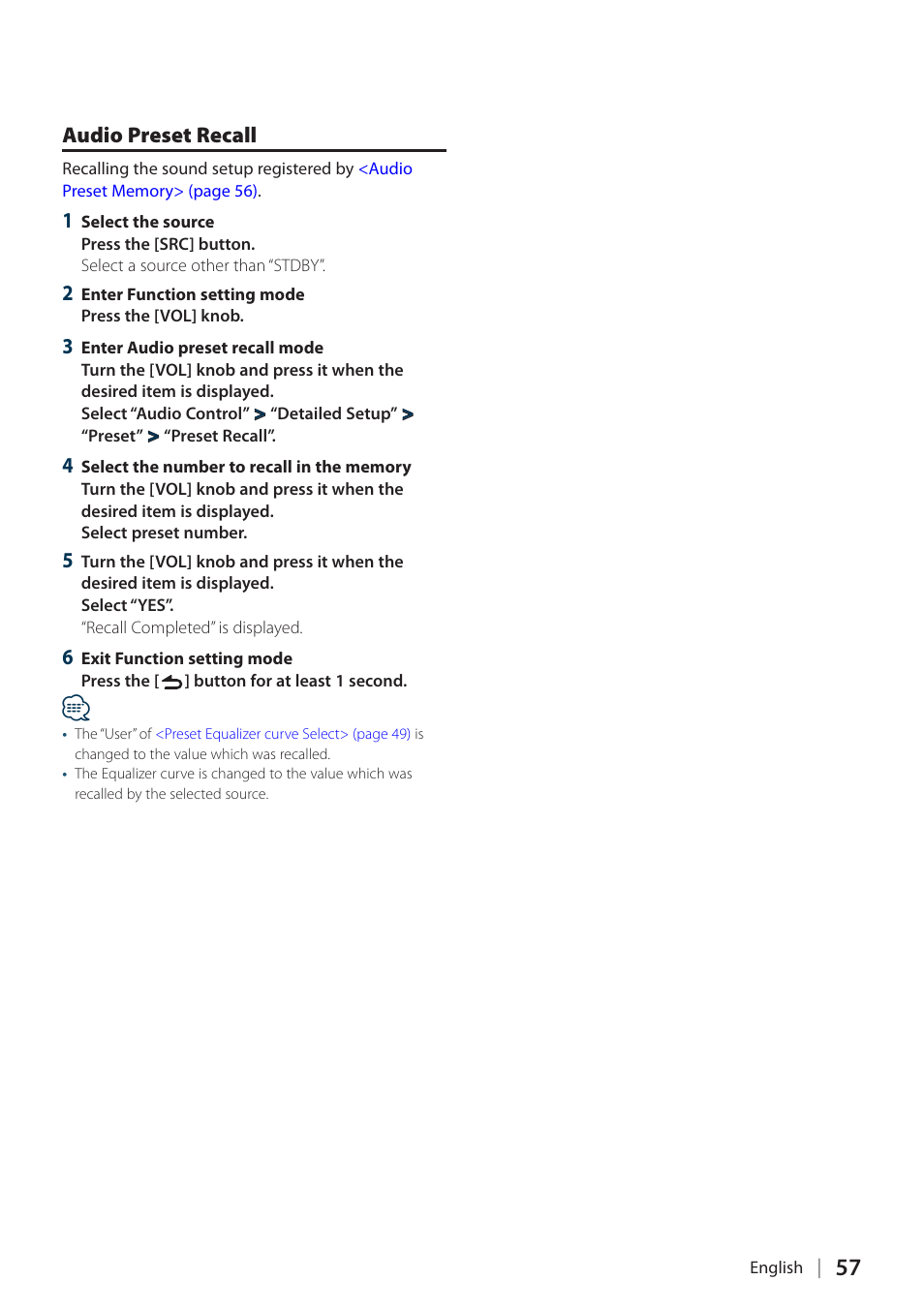 Audio preset recall | Kenwood DPX504U User Manual | Page 57 / 79