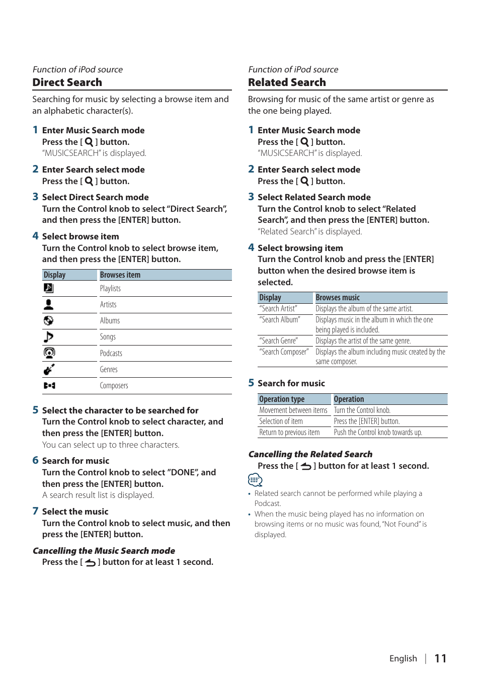 Direct search, Related search | Kenwood KMR-440U User Manual | Page 11 / 41