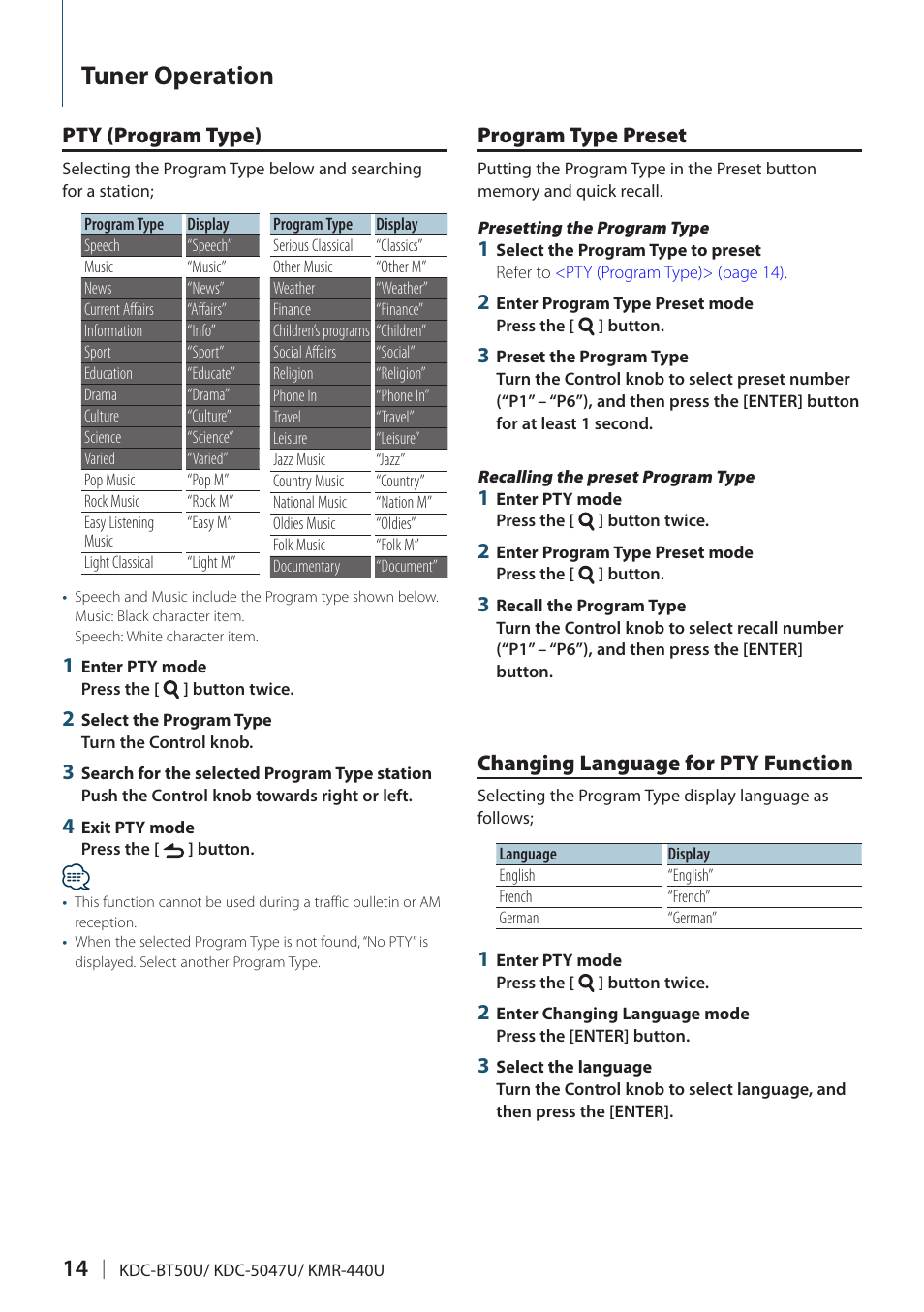 Pty (program type), Program type preset, Changing language for pty function | Tuner operation | Kenwood KMR-440U User Manual | Page 14 / 41