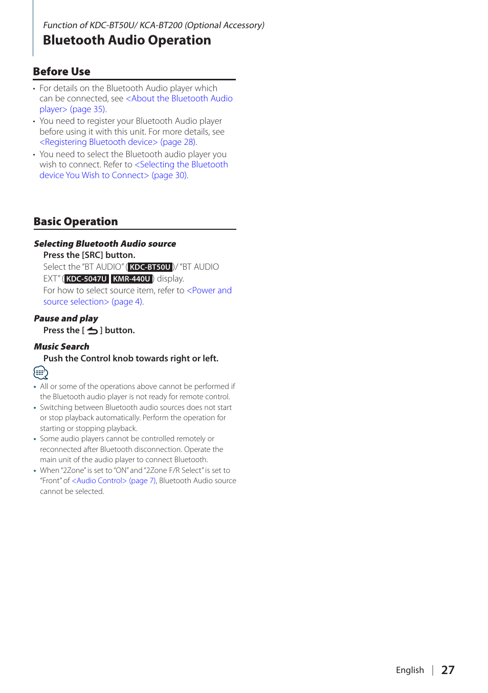 Bluetooth audio operation, Before use, Basic operation | Kenwood KMR-440U User Manual | Page 27 / 41