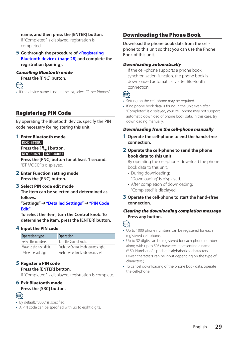 Registering pin code, Downloading the phone book | Kenwood KMR-440U User Manual | Page 29 / 41