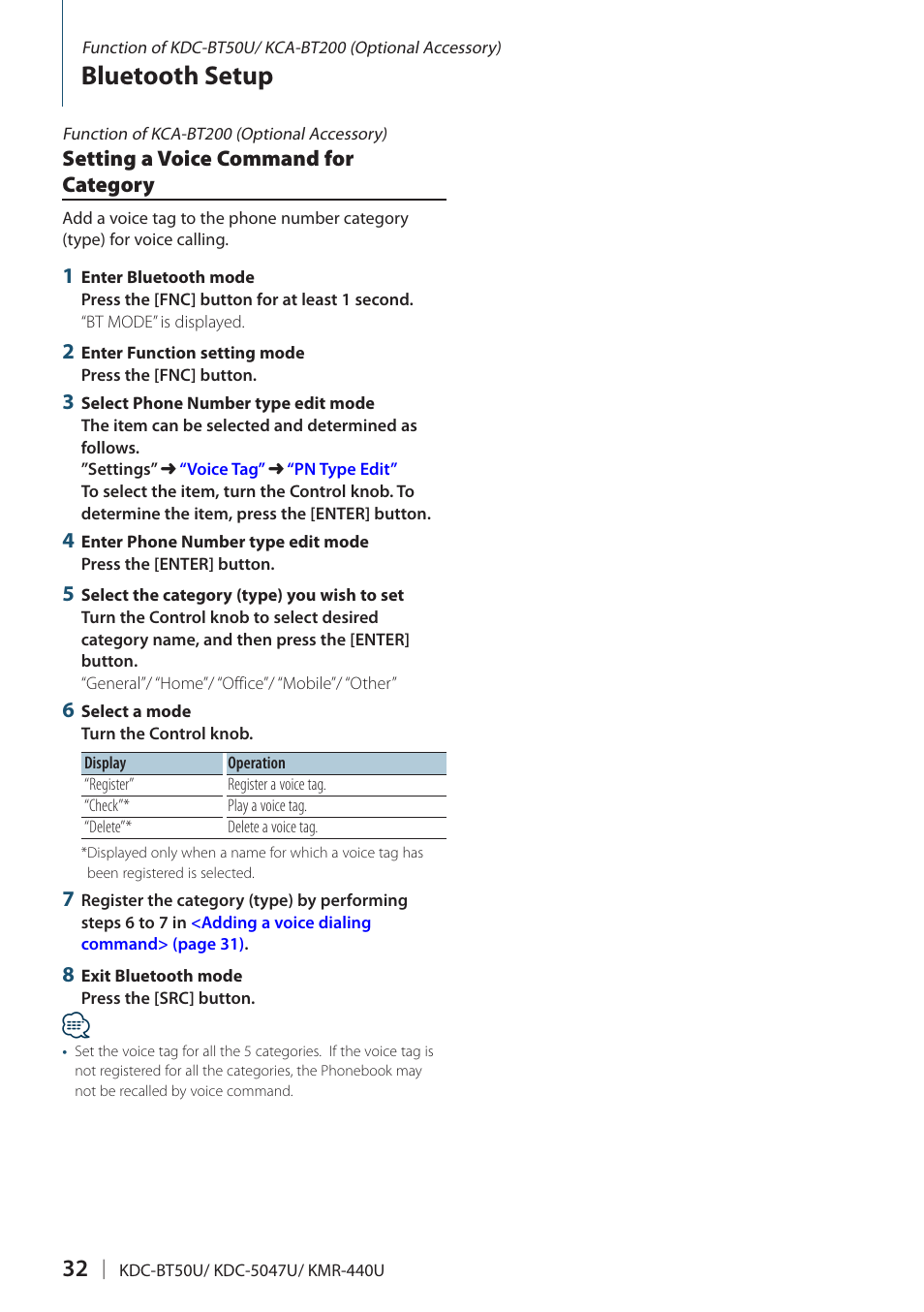 Setting a voice command for category, Setting a voice, Bluetooth setup | Kenwood KMR-440U User Manual | Page 32 / 41