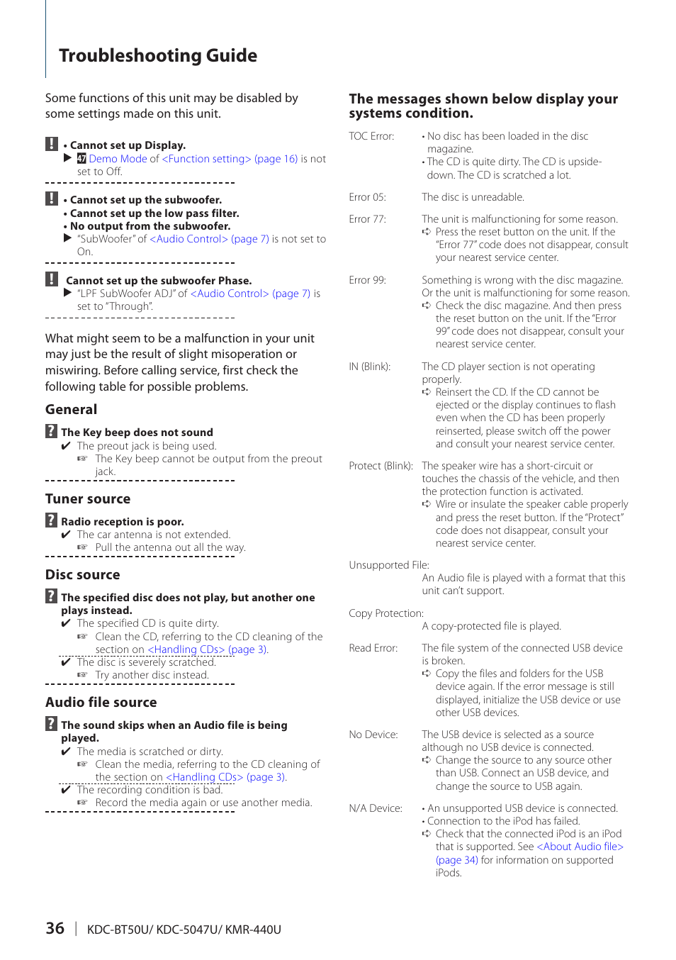 Troubleshooting guide, General, Tuner source | Disc source, Audio file source | Kenwood KMR-440U User Manual | Page 36 / 41