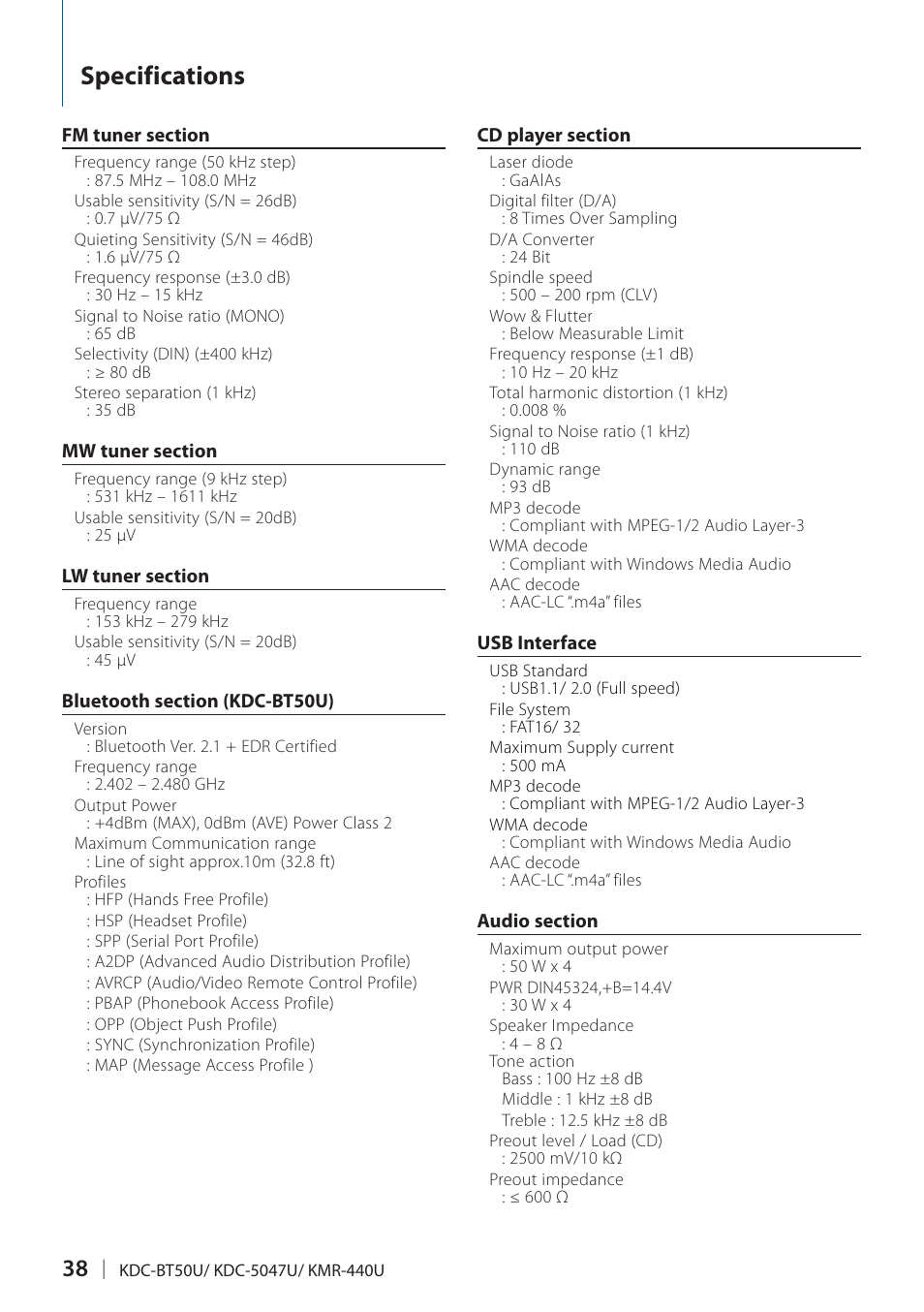 Specifications | Kenwood KMR-440U User Manual | Page 38 / 41