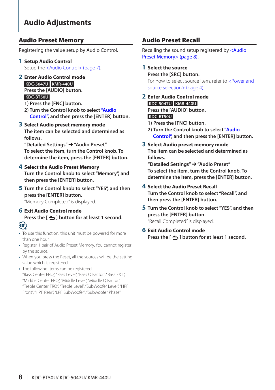 Audio preset memory, Audio preset recall, Audio preset | Audio adjustments | Kenwood KMR-440U User Manual | Page 8 / 41
