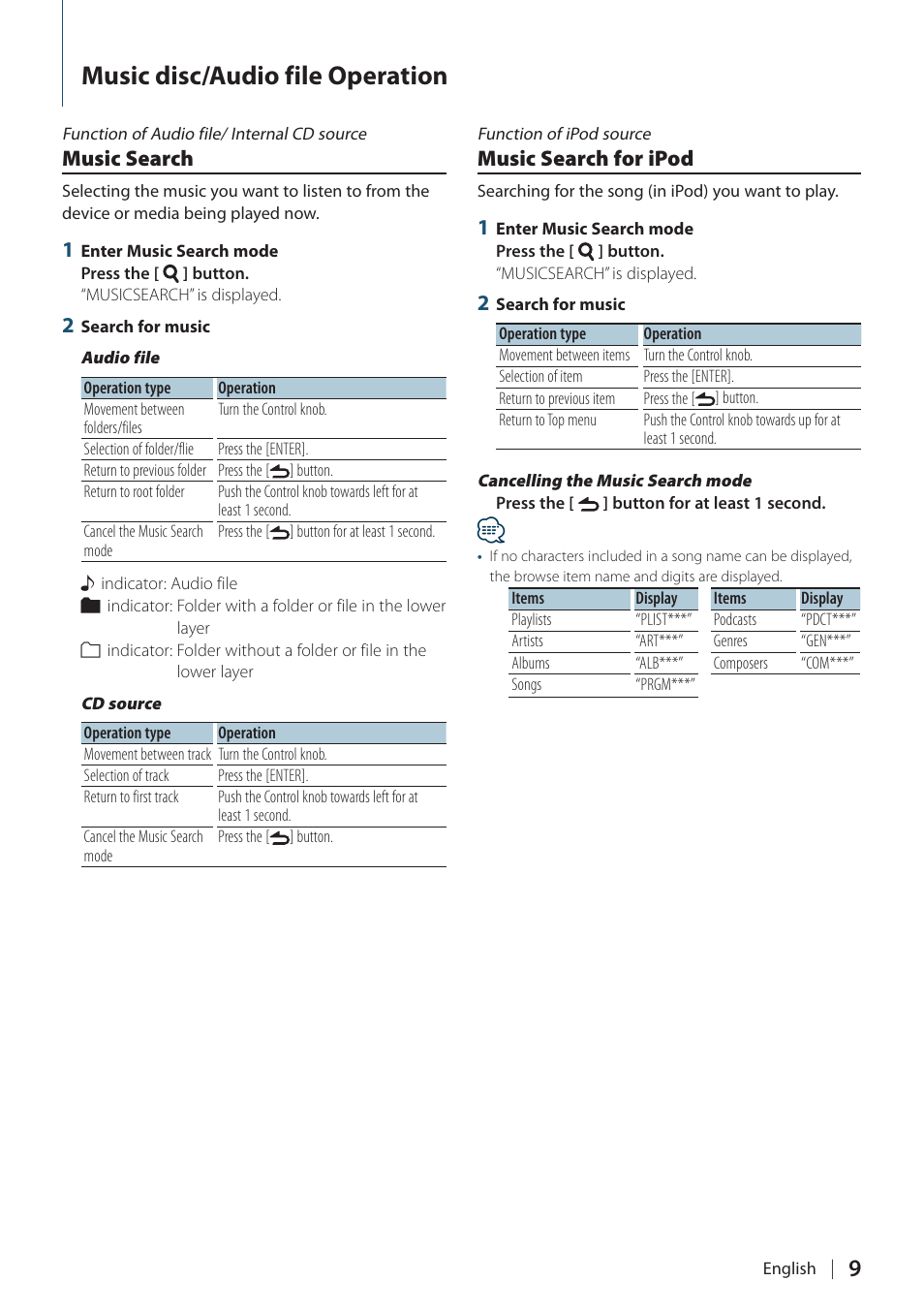 Music disc/audio file operation, Music search, Music search for ipod | Kenwood KMR-440U User Manual | Page 9 / 41