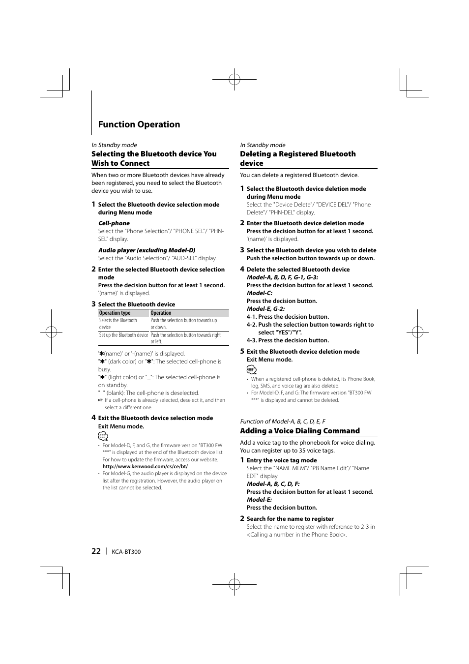 Function operation | Kenwood KCA-BT300 User Manual | Page 22 / 35