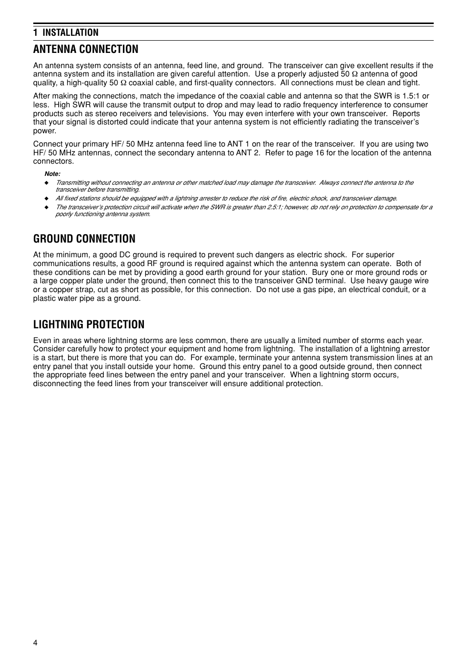 Antenna connection, Ground connection, Lightning protection | Kenwood TS-480SAT User Manual | Page 12 / 104