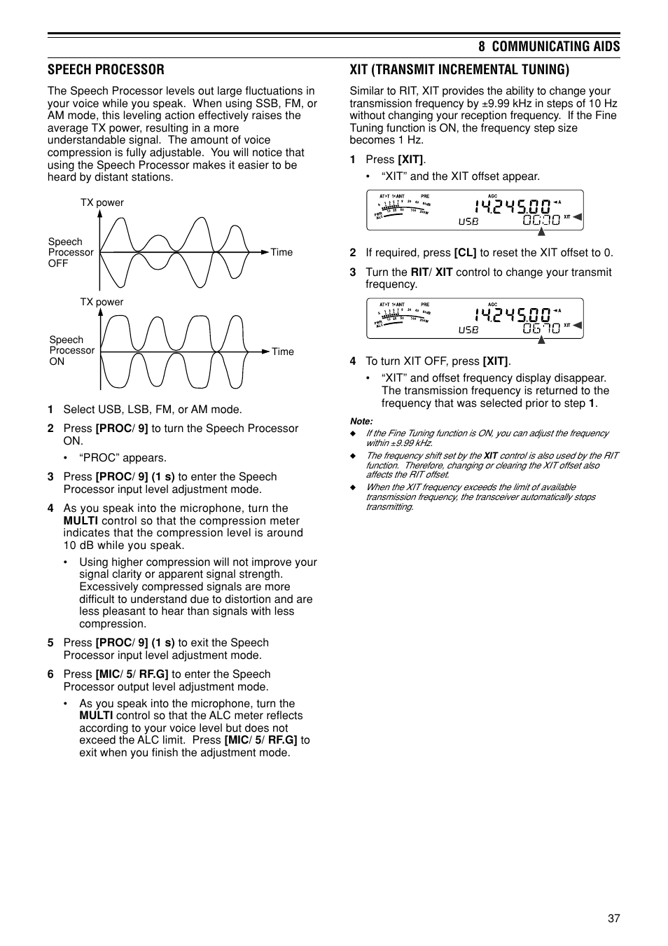 8 communicating aids speech processor, Xit (transmit incremental tuning) | Kenwood TS-480SAT User Manual | Page 45 / 104