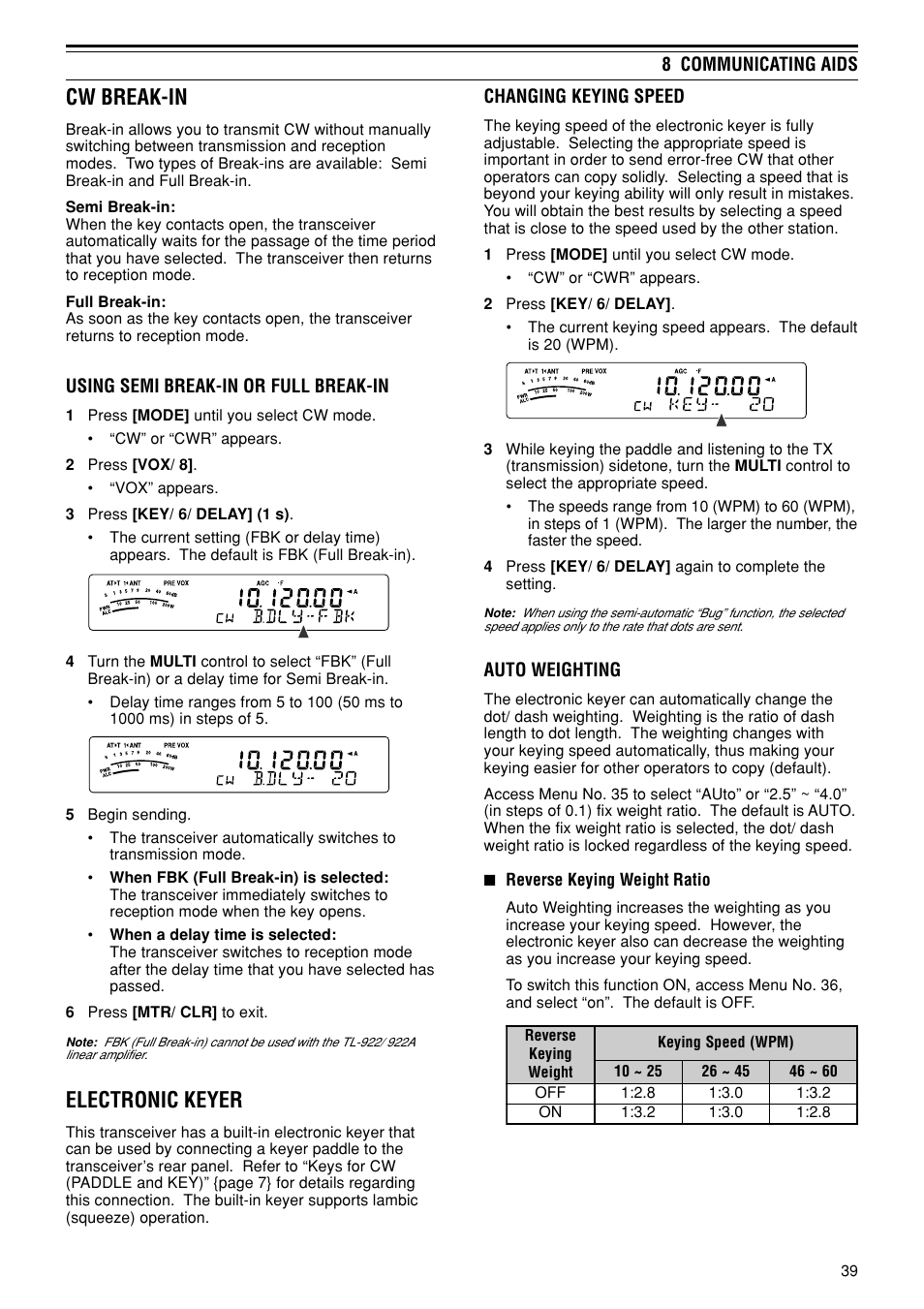 Cw break-in, Electronic keyer | Kenwood TS-480SAT User Manual | Page 47 / 104