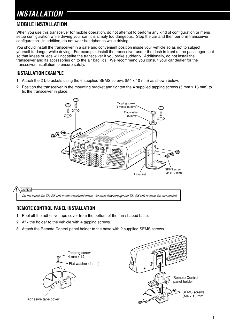 Installation, Mobile installation, Installation example | Remote control panel installation | Kenwood TS-480SAT User Manual | Page 9 / 104