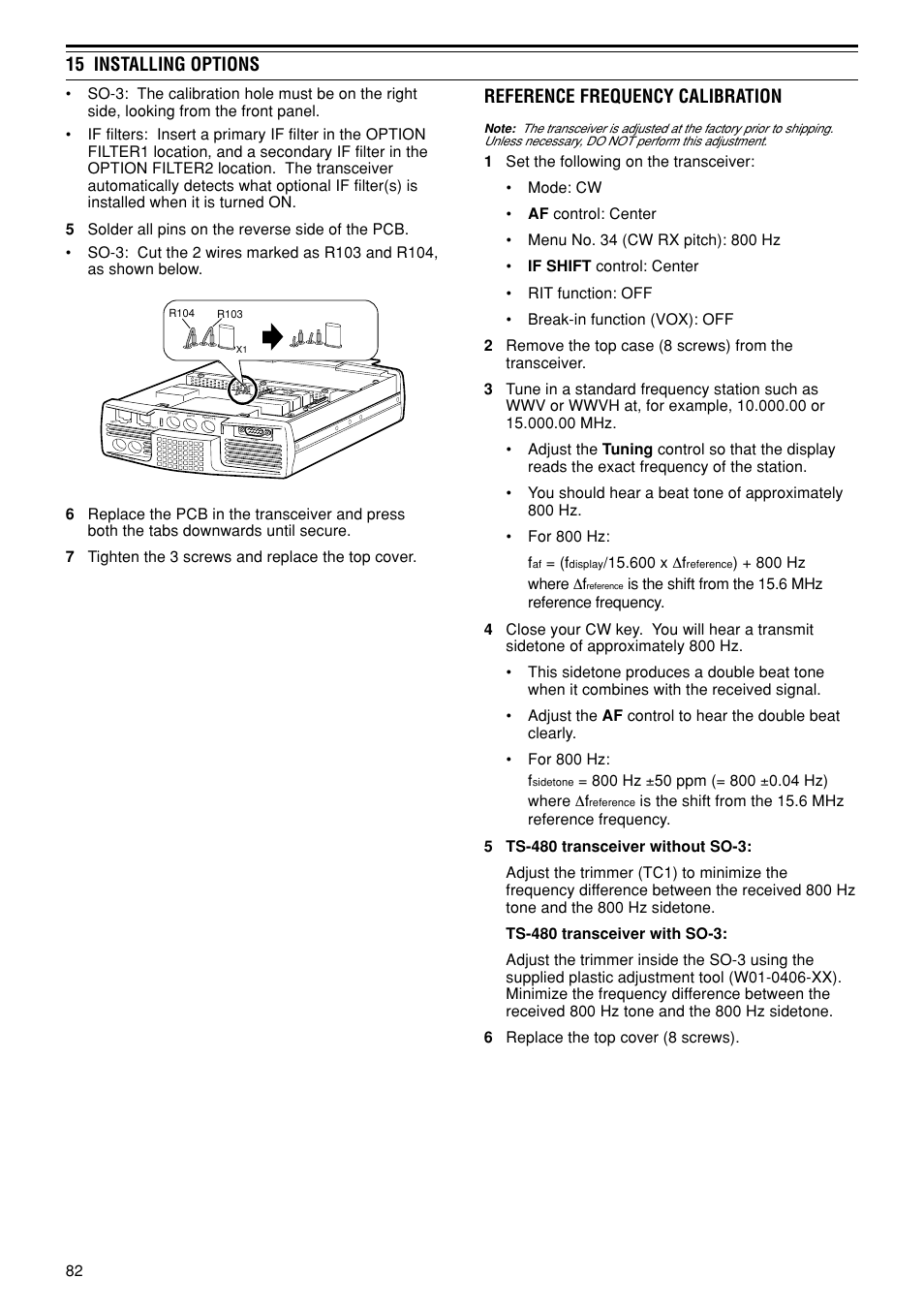 15 installing options, Reference frequency calibration | Kenwood TS-480SAT User Manual | Page 90 / 104