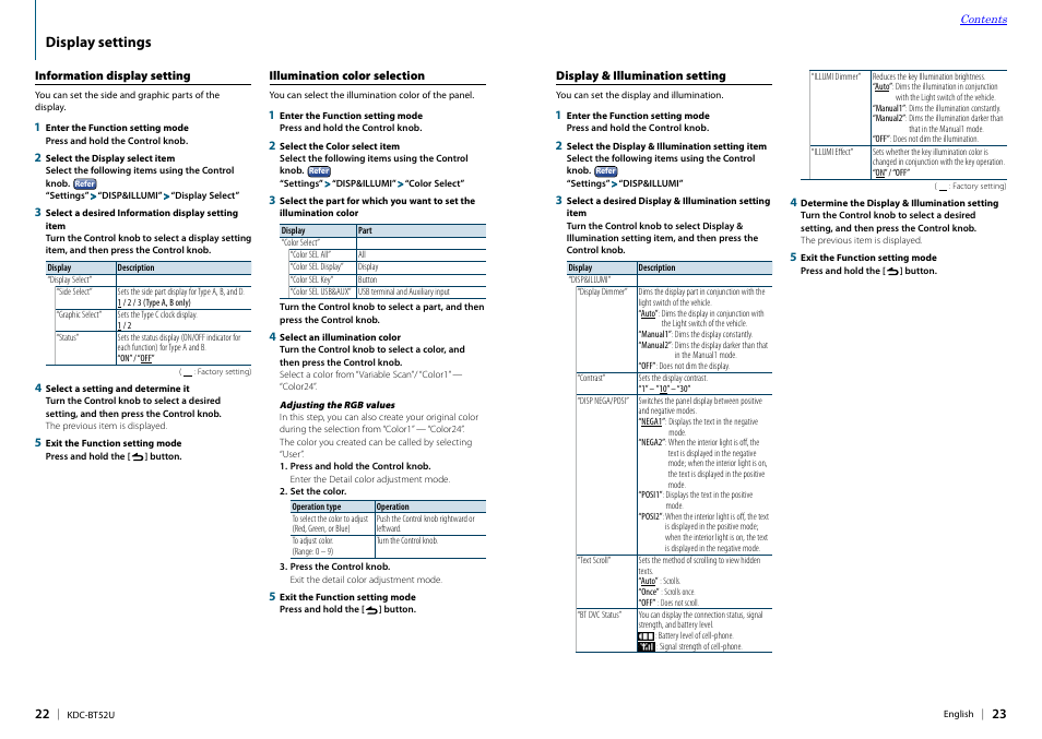 Information display setting, Illumination color selection, Display & illumination setting | Display settings | Kenwood KDC-BT52U User Manual | Page 12 / 30