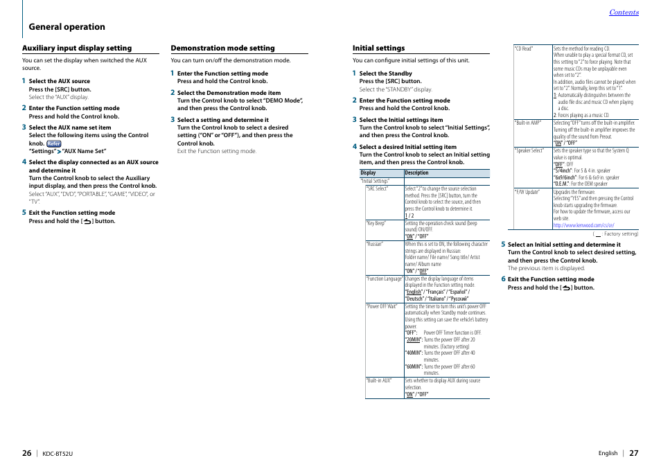 Auxiliary input display setting, Demonstration mode setting, Initial settings | Russian, Initial, General operation | Kenwood KDC-BT52U User Manual | Page 14 / 30