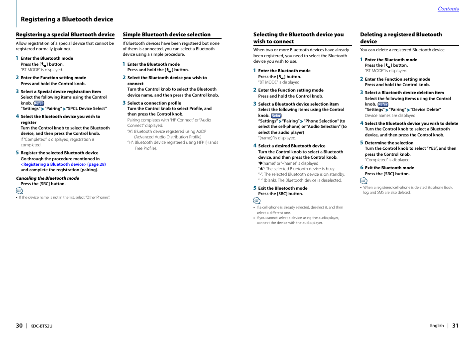 Registering a special bluetooth device, Simple bluetooth device selection, Selecting the bluetooth device you wish to connect | Deleting a registered bluetooth device, Selecting the bluetooth device you wish to, Connect, E mentioned in, Registering a | Kenwood KDC-BT52U User Manual | Page 16 / 30