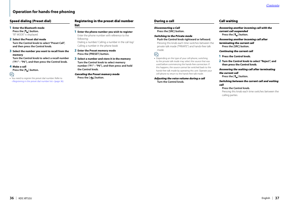 Speed dialing (preset dial), Registering in the preset dial number list, During a call | Call waiting | Kenwood KDC-BT52U User Manual | Page 19 / 30