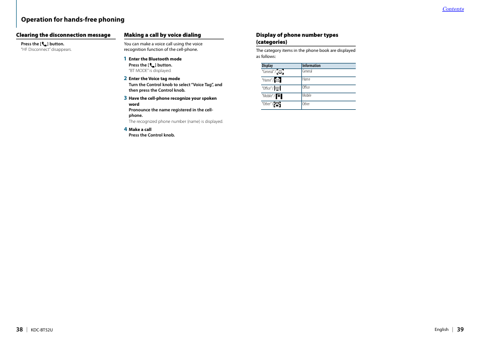 Clearing the disconnection message, Making a call by voice dialing, Display of phone number types (categories) | Kenwood KDC-BT52U User Manual | Page 20 / 30