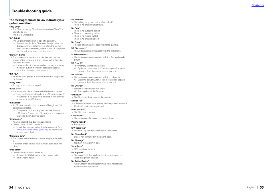 Troubleshooting guide | Kenwood KDC-BT52U User Manual | Page 28 / 30