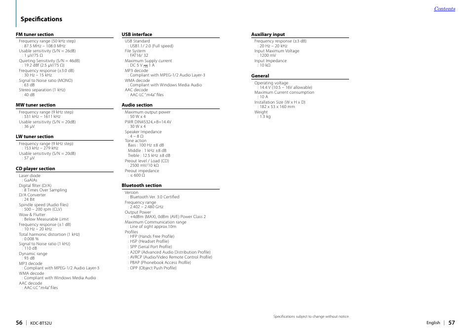 Specifications, Specifications 56 | Kenwood KDC-BT52U User Manual | Page 29 / 30