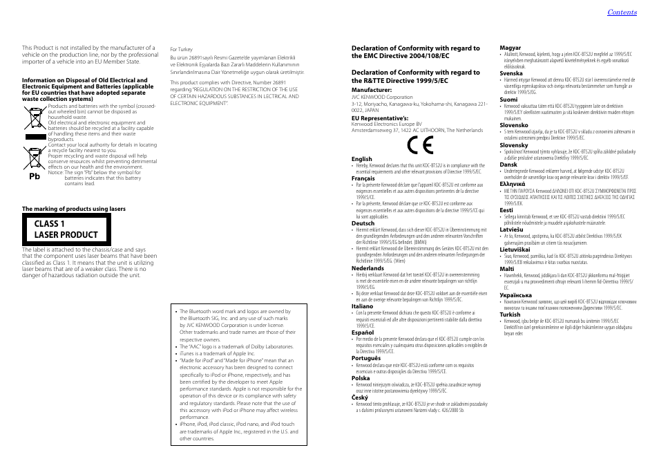 Class 1 laser product | Kenwood KDC-BT52U User Manual | Page 30 / 30