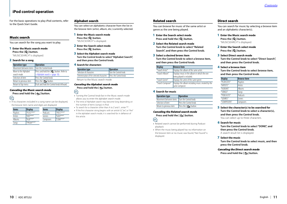 Ipod control operation, Music search, Alphabet search | Related search, Direct search | Kenwood KDC-BT52U User Manual | Page 6 / 30