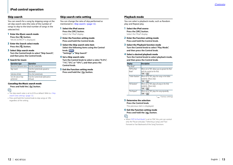Skip search, Skip search ratio setting, Playback mode | Ipod control operation | Kenwood KDC-BT52U User Manual | Page 7 / 30
