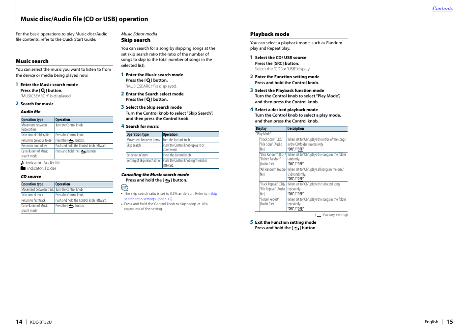 Music disc/audio file (cd or usb) operation, Music search, Skip search | Playback mode, Music disc/audio file (cd or usb), Operation 14 | Kenwood KDC-BT52U User Manual | Page 8 / 30