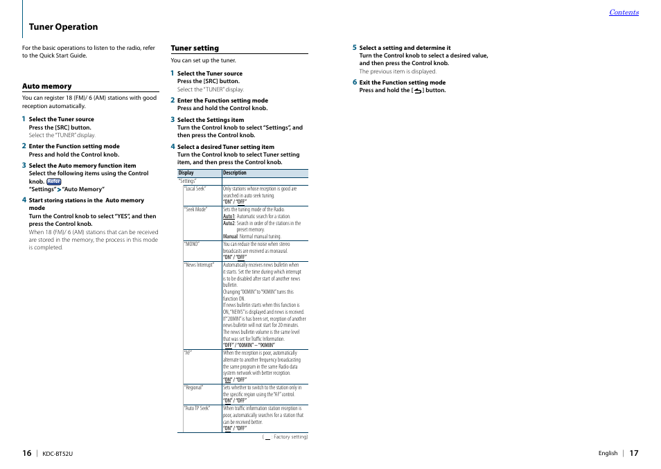 Tuner operation, Auto memory, Tuner setting | Kenwood KDC-BT52U User Manual | Page 9 / 30