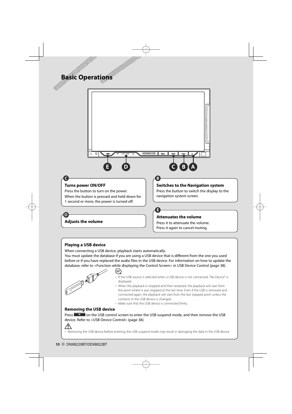 Basic operations, Ab c d e | Kenwood DDX8022BT User Manual | Page 10 / 108