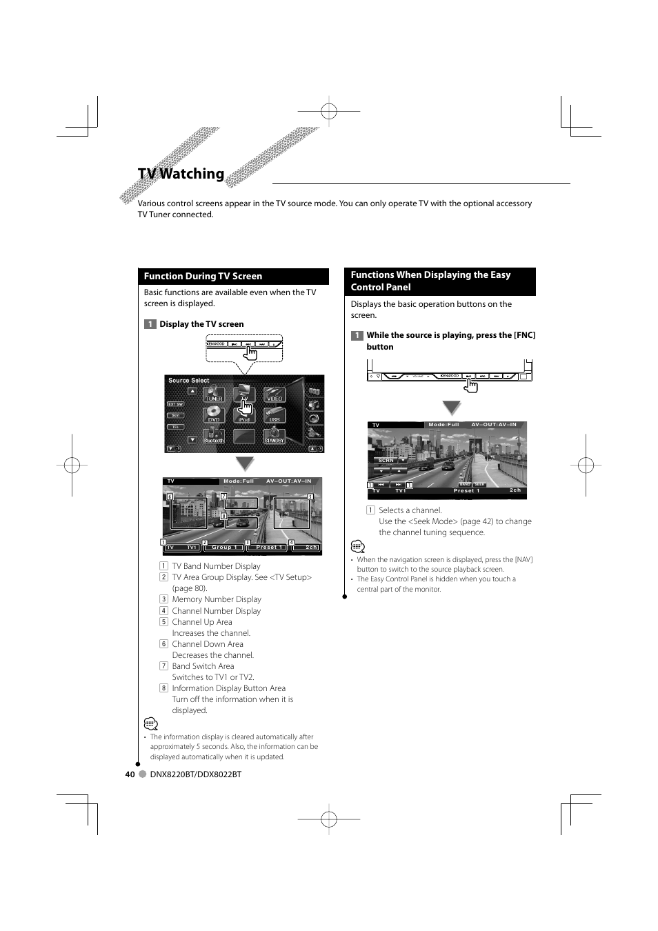 Tv watching, Function during tv screen, Functions when displaying the easy control panel | Kenwood DDX8022BT User Manual | Page 40 / 108