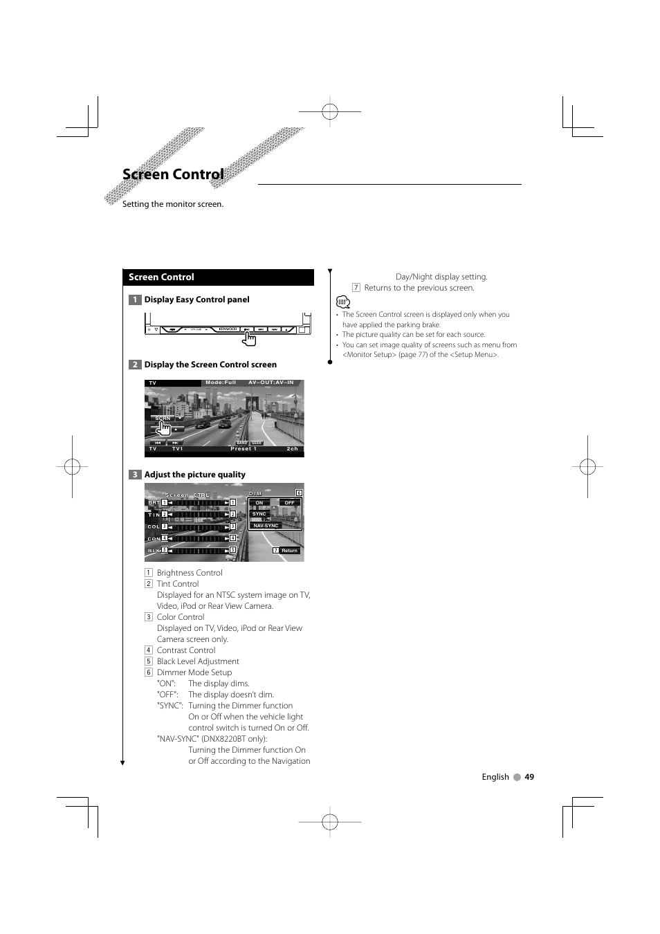 Screen control | Kenwood DDX8022BT User Manual | Page 49 / 108