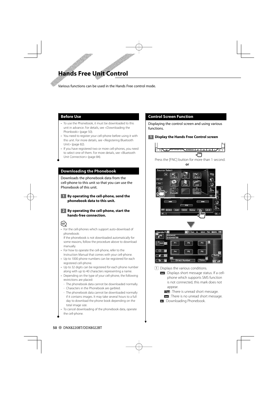 Hands free unit control | Kenwood DDX8022BT User Manual | Page 50 / 108