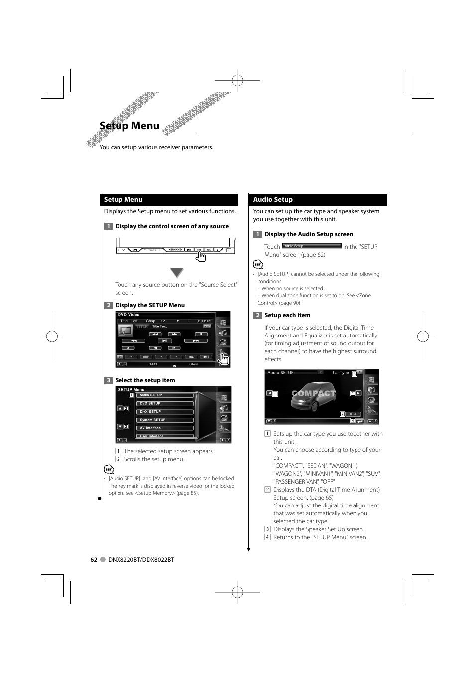 Setup menu | Kenwood DDX8022BT User Manual | Page 62 / 108