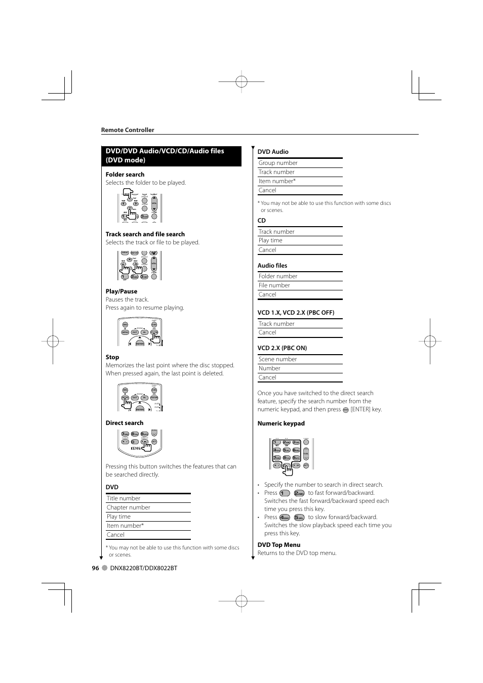 Dvd/dvd audio/vcd/cd/audio files (dvd mode), Enter] key. numeric keypad, Folder search selects the folder to be played | Direct search, Remote controller | Kenwood DDX8022BT User Manual | Page 96 / 108