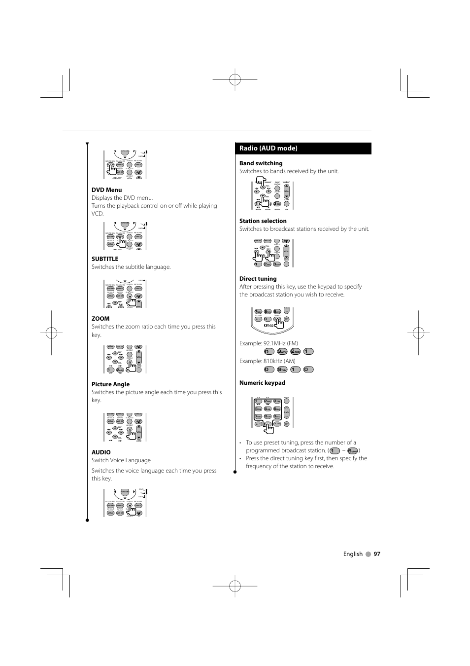 Radio (aud mode), English 97, Subtitle switches the subtitle language | Example: 92.1mhz (fm), Example: 810khz (am), Numeric keypad | Kenwood DDX8022BT User Manual | Page 97 / 108