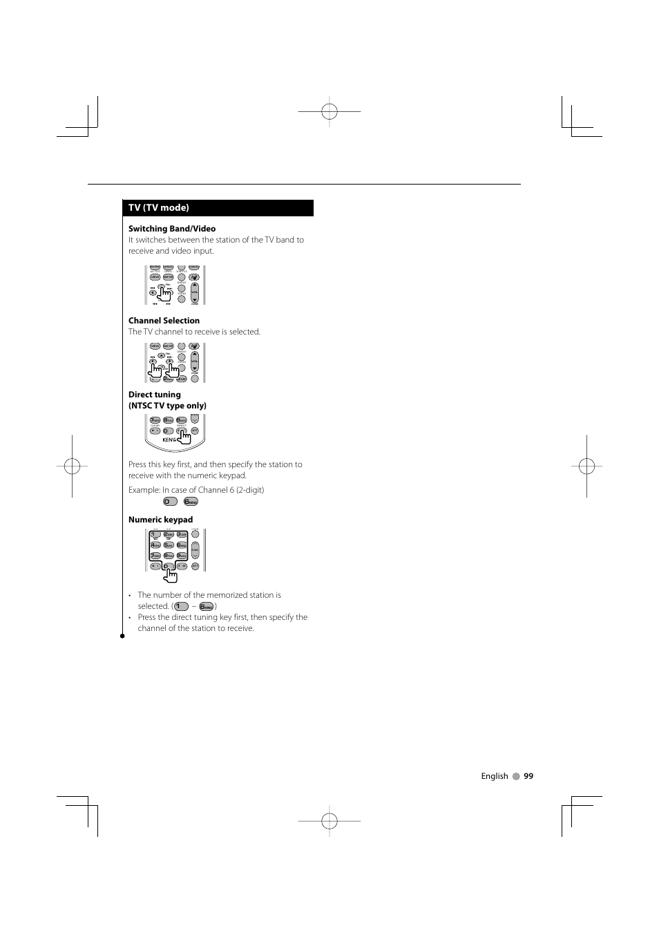 Tv (tv mode), English 99, Direct tuning (ntsc tv type only) | Numeric keypad | Kenwood DDX8022BT User Manual | Page 99 / 108