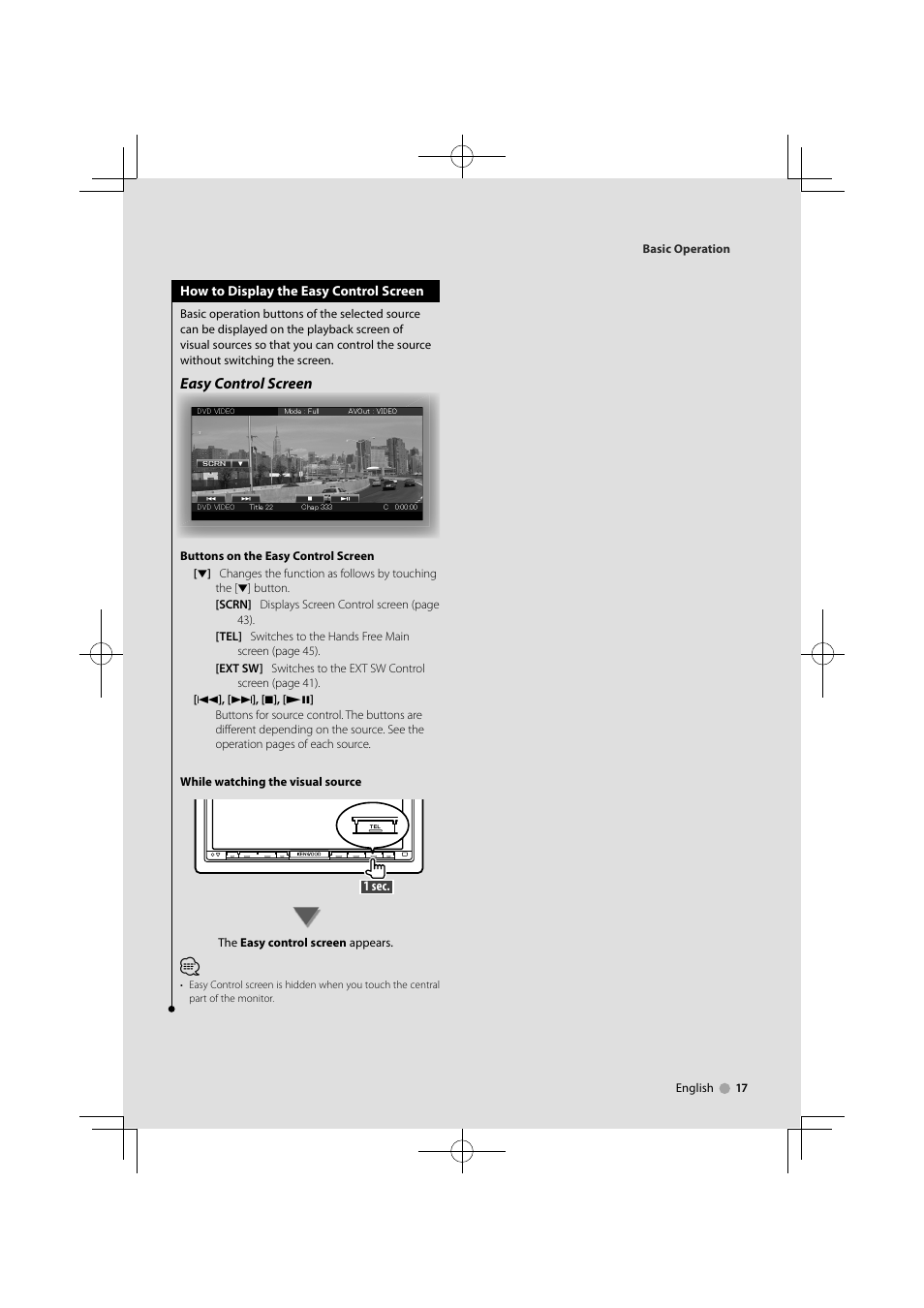 Easy control screen | Kenwood DNX9240BT User Manual | Page 17 / 100