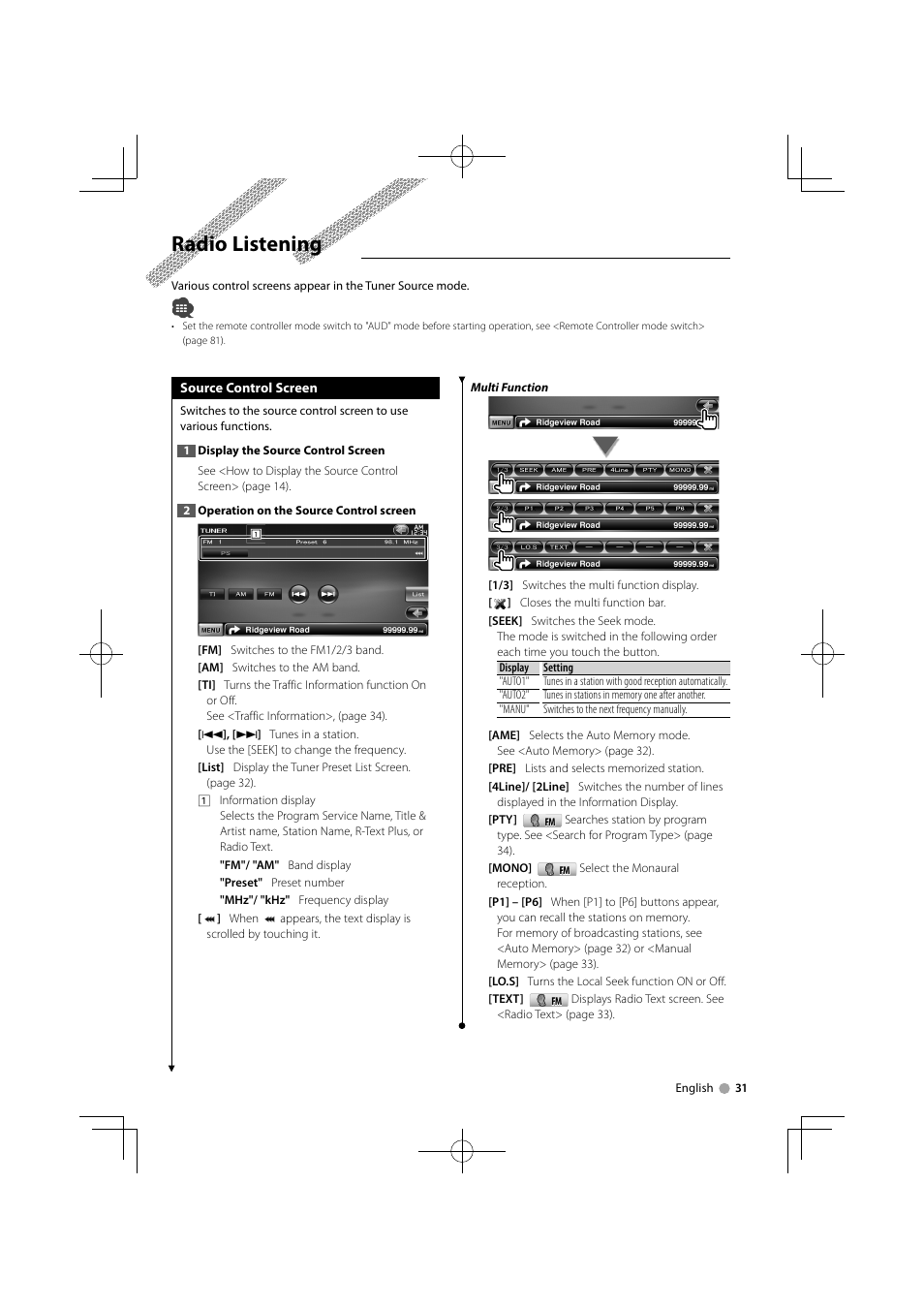 Radio listening | Kenwood DNX9240BT User Manual | Page 31 / 100
